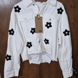 POL Women's White Jean Jacket with Black Floral Design